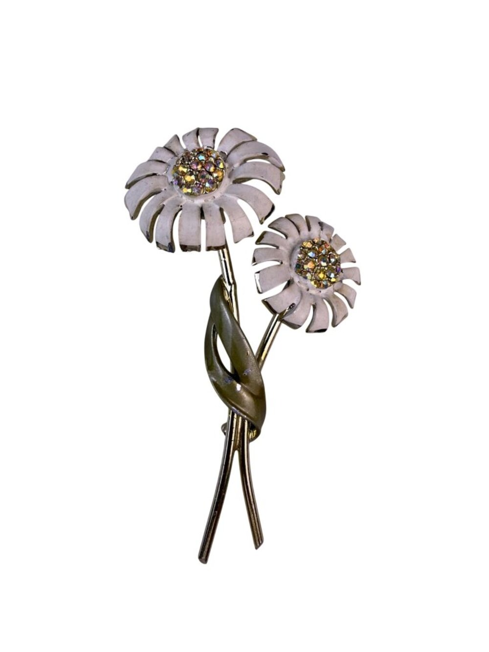 B.S.K. Womens Gold Tone White Enamel Double Daisy Flower Brooch With Rhinestones